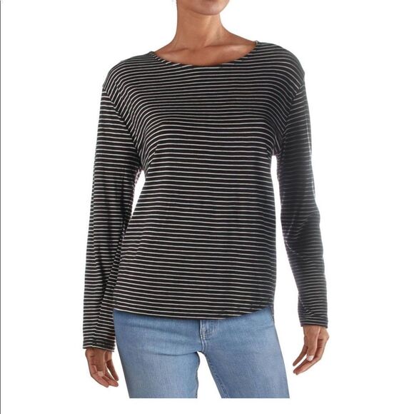 New MICHELLE BY COMMUNE Black White Stripe Tee M - Picture 1 of 2